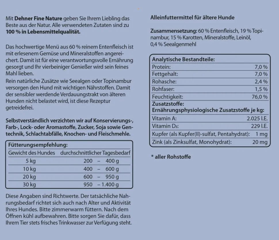 Dehner Fine Nature Nassfutter für Hunde Senior, Ente mit Topinambur & Karotten