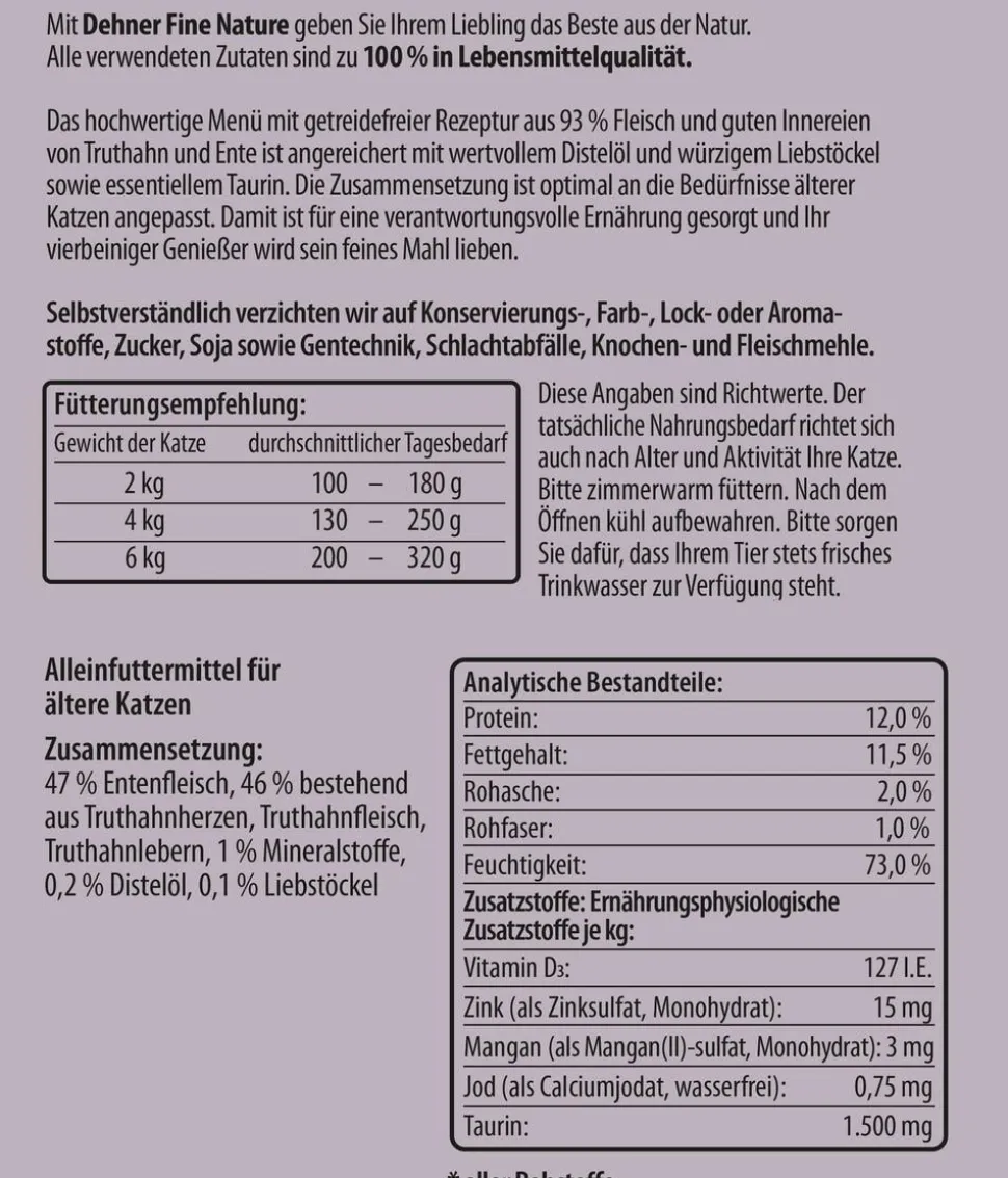 Dehner Fine Nature Nassfutter für Katzen Senior, Truthahn & Ente mit Distelöl & Liebstöckel