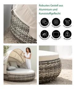 Dehner Gartenmöbel Daybed Tulum, mit Faltdach und Polstern, 179 x 163 x 220 cm (B/H/T), Liegefläche 146 x 179 cm, Aluminium / Polyester / Kunststoffgeflecht, grau