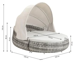 Dehner Gartenmöbel Daybed Tulum, mit Faltdach und Polstern, 179 x 163 x 220 cm (B/H/T), Liegefläche 146 x 179 cm, Aluminium / Polyester / Kunststoffgeflecht, grau