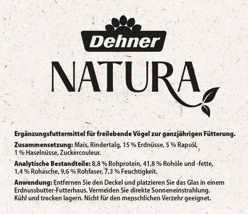 Dehner Natura Premium Wildvogelfutter Erdnussbutter im Glas, Haselnuss, 8 x 340 g