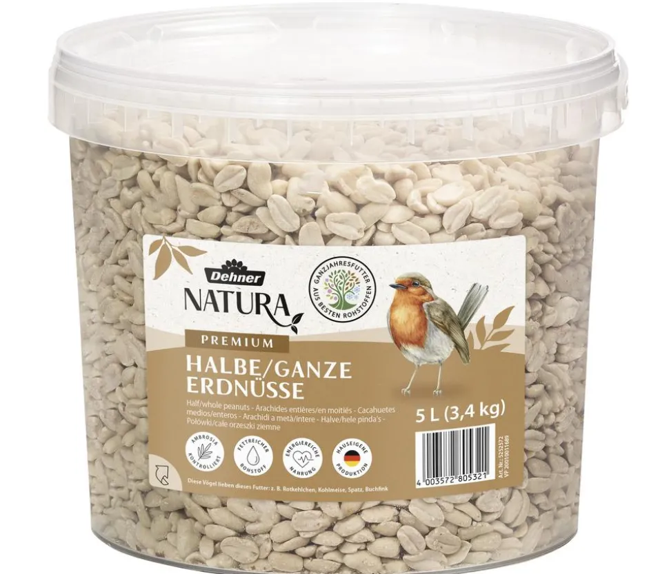 Dehner Natura Premium Wildvogelfutter Halbe/Ganze Erdnüsse, 5 l