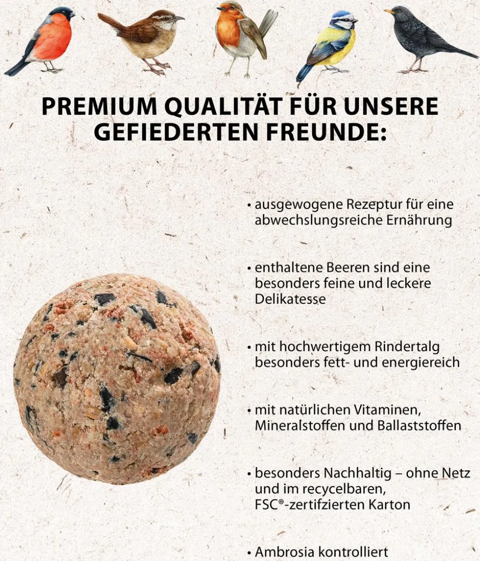 Dehner Natura Premium Wildvogelfutter Beeren-Meisenknödel im Karton, ohne Netz, 100 Stk.