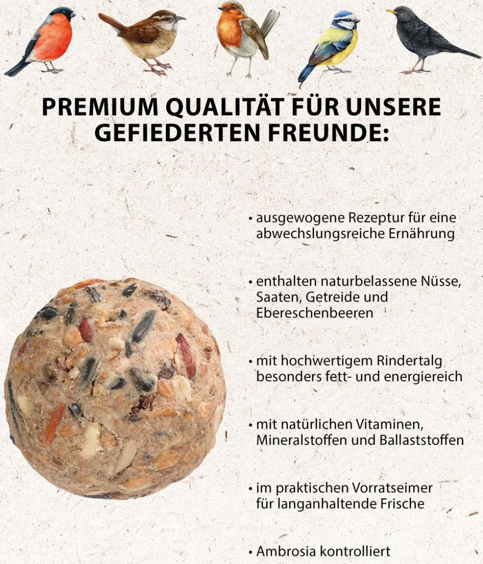 Dehner Natura Premium Wildvogelfutter Wald-Meisenknödel im Eimer, mit Netz, 30 Stk.
