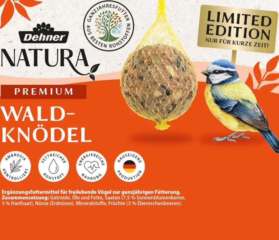 Dehner Natura Premium Wildvogelfutter Wald-Meisenknödel im Eimer, mit Netz, 30 Stk.