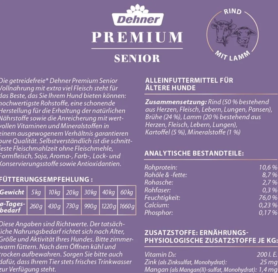 Dehner Premium Nassfutter für Hunde Senior, Rind mit Lamm