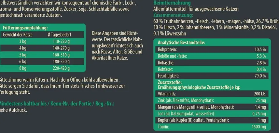 Dehner Wild Nature Nassfutter für Katzen Auwald Adult, Hirsch & Truthahn, 6 x 200 g/400 g