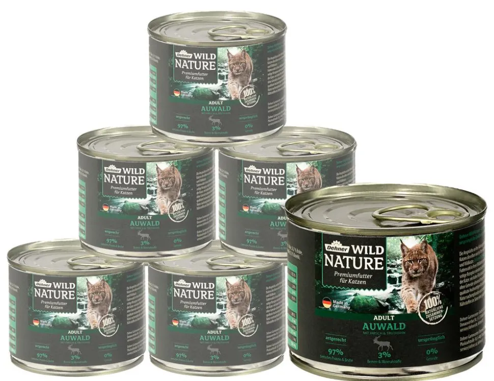 Dehner Wild Nature Nassfutter für Katzen Auwald Adult, Hirsch & Truthahn, 6 x 200 g/400 g