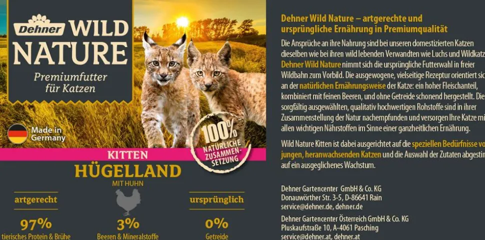 Dehner Wild Nature Nassfutter für Katzen Hügelland Kitten, Huhn, 6 x 200 g/400 g