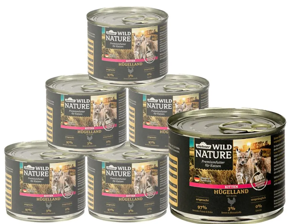 Dehner Wild Nature Nassfutter für Katzen Hügelland Kitten, Huhn, 6 x 200 g/400 g