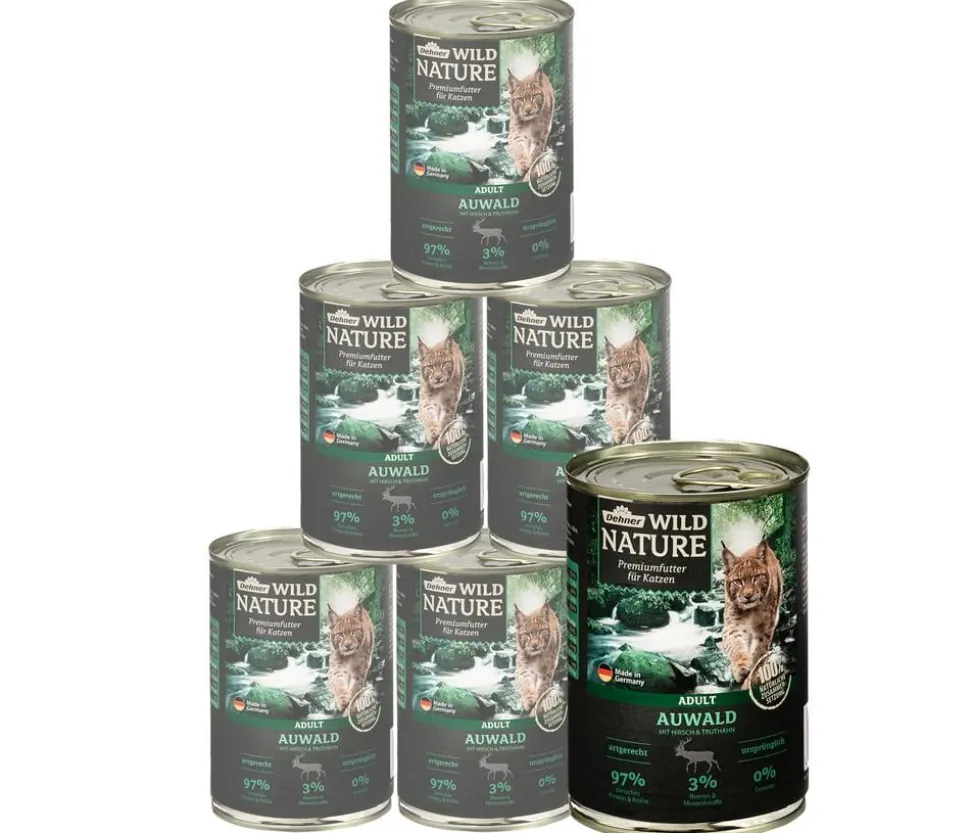Dehner Wild Nature Nassfutter für Katzen Auwald Adult, Hirsch & Truthahn, 6 x 200 g/400 g