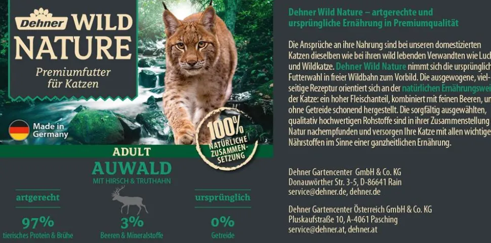 Dehner Wild Nature Nassfutter für Katzen Auwald Adult, Hirsch & Truthahn, 6 x 200 g/400 g