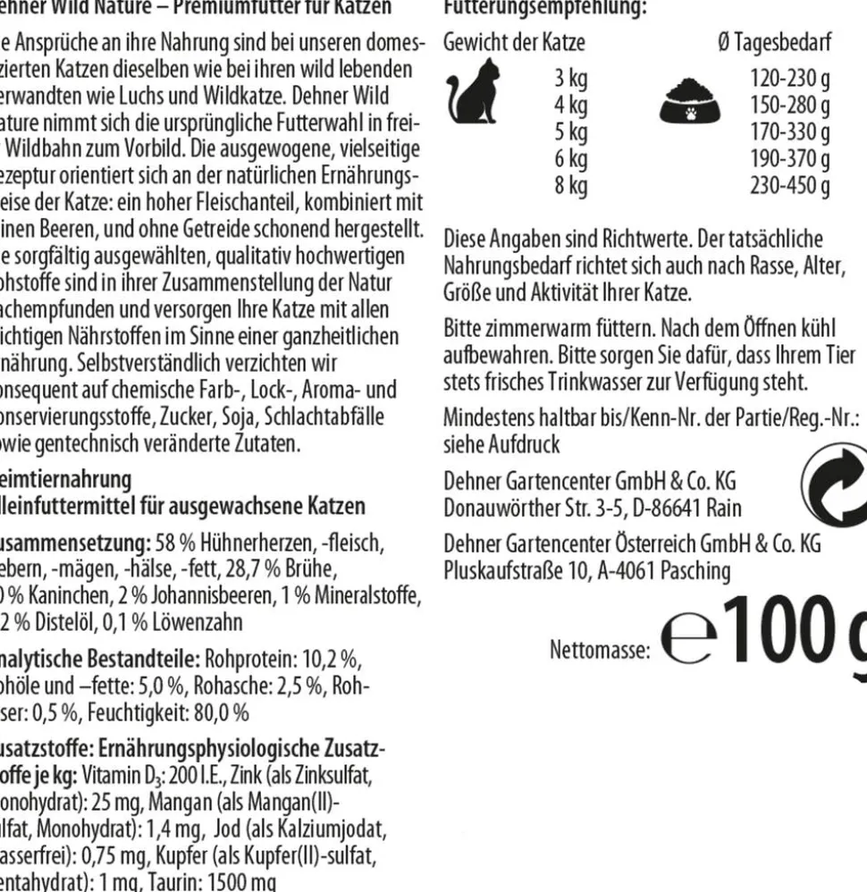 Dehner Wild Nature Nassfutter für Katzen Heidetal Adult, Kaninchen & Huhn, 16 x 100 g