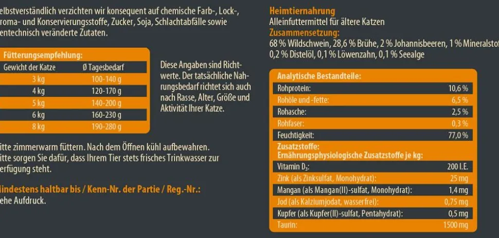 Dehner Wild Nature Nassfutter für Katzen Unterholz Senior, Wildschwein, 6 x 200 g/400 g