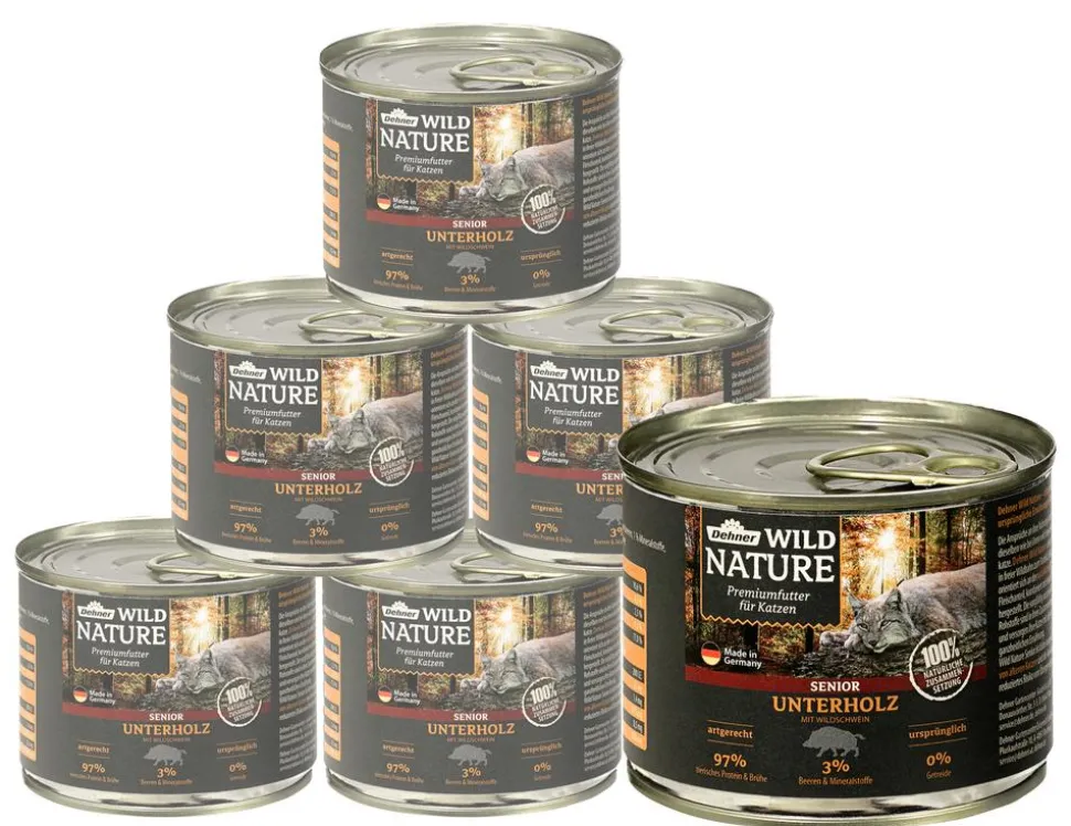 Dehner Wild Nature Nassfutter für Katzen Unterholz Senior, Wildschwein, 6 x 200 g/400 g