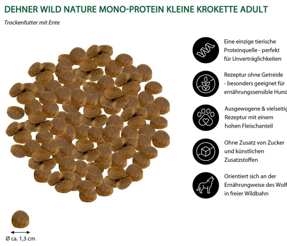 Dehner Wild Nature Trockenfutter für Hunde Mono-Protein Kleine Krokette Adult, Ente