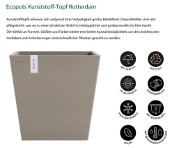 Ecopots Kunststoff-Topf Rotterdam mit Rollen und Wassersystem, quadratisch