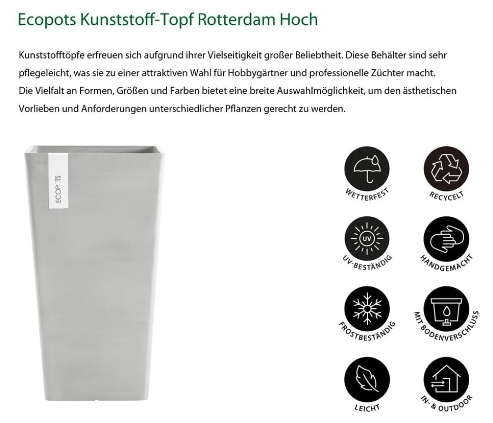 Ecopots Kunststoff-Topf Rotterdam Hoch, quadratisch