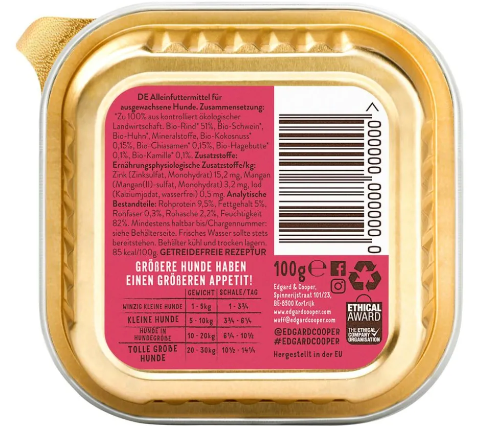 Edgard & Cooper Nassfutter für Hunde, Wunderbares Rind Adult, Bio, 17 x 100 g