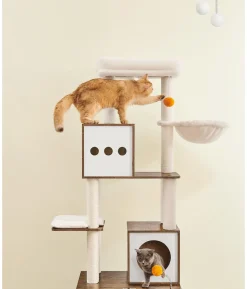 Feandrea Kratzbaum mit Katzenklo-Schrank, braun/weiß, ca. B104/H185/T61 cm