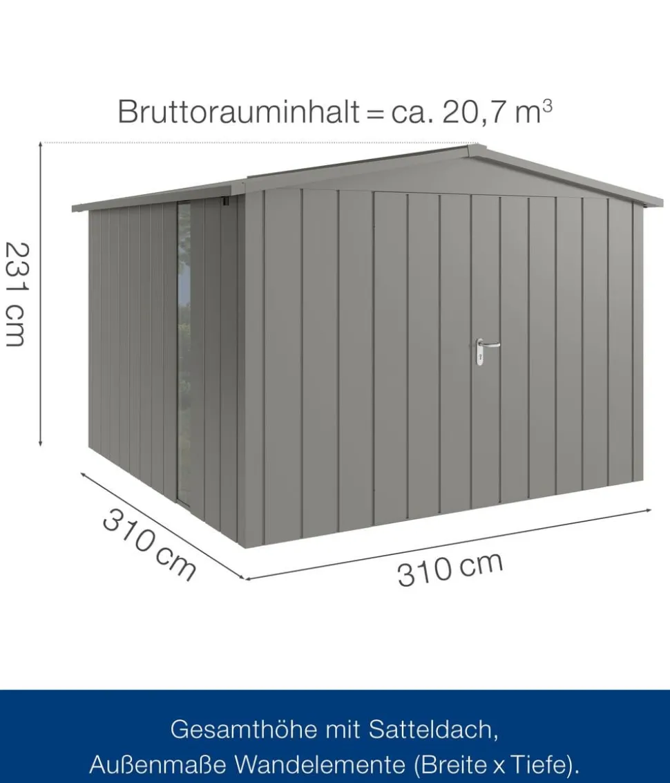 Hörmann Metallgerätehaus Juno JSD14 M-Sk Motiv Modern bodentiefes Fenster mit Doppeltür, ca. B333/H231/T325 cm