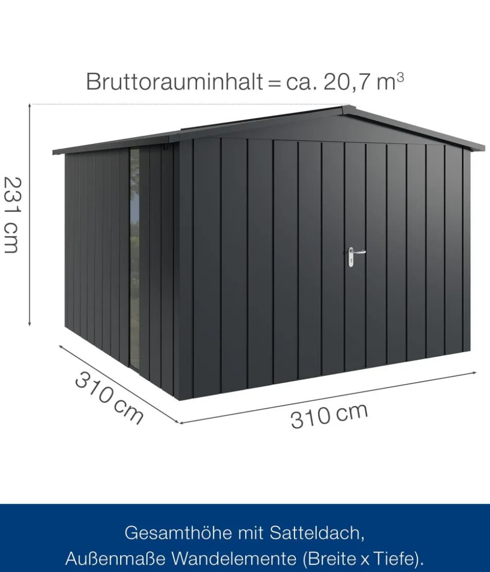 Hörmann Metallgerätehaus Juno JSD14 M-Sk Motiv Modern bodentiefes Fenster mit Doppeltür, ca. B333/H231/T325 cm
