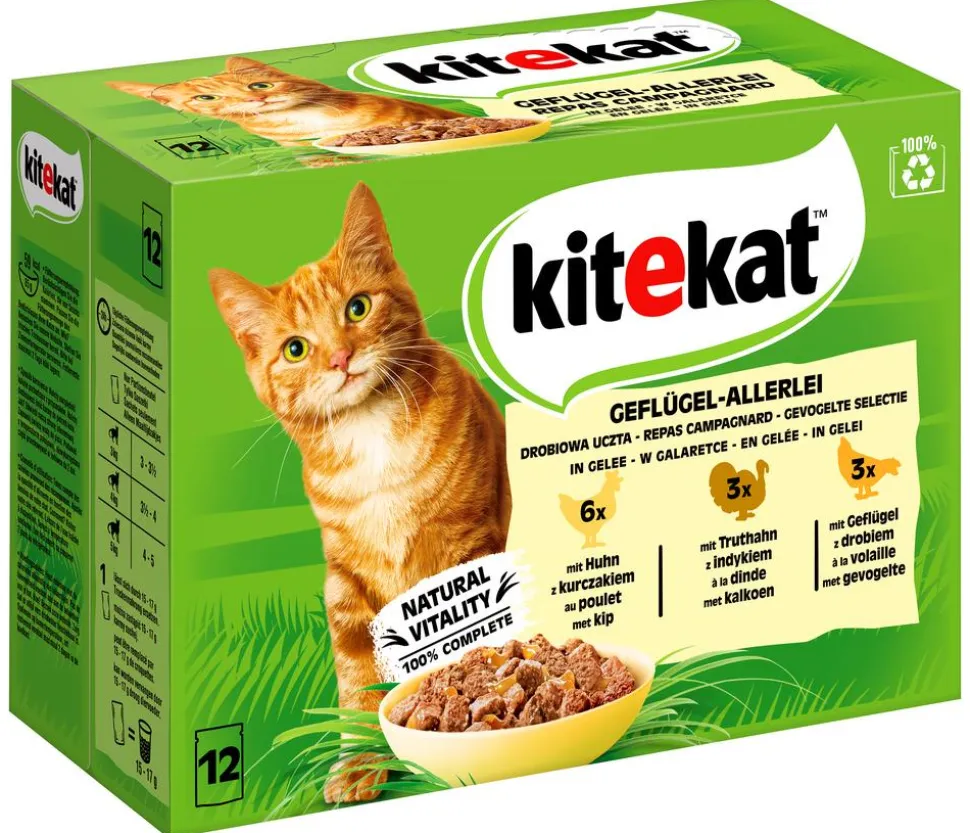 KITEKAT® Nassfutter für Katzen Multipack Geflügel-Allerlei in Gelee, Adult, 12 x 85 g