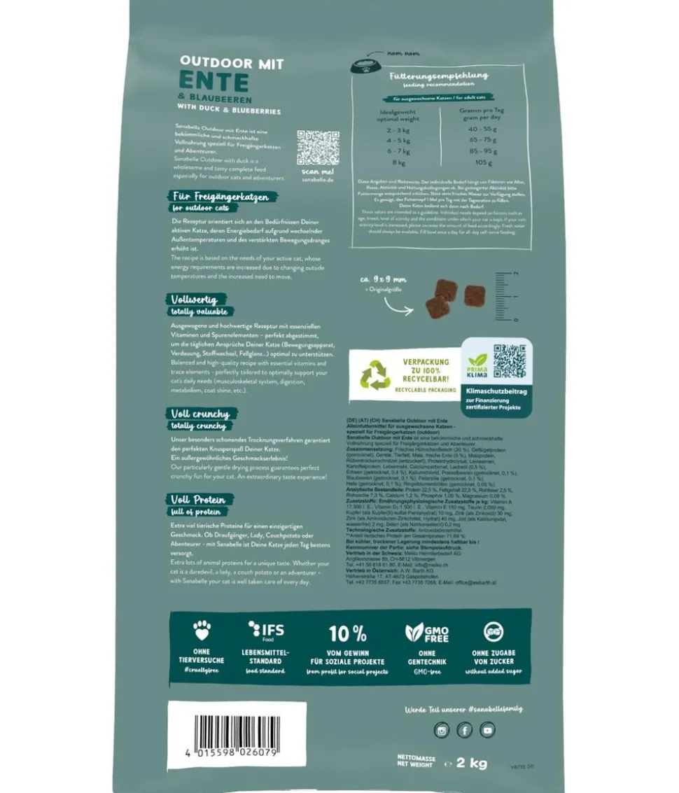 Sanabelle® Life Trockenfutter für Katzen Outdoor Adult, Ente & Blaubeere