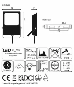 SunElements Pflanzenlampe LED 50 W, Vollspektrum 450-750 nm, 4er-Set