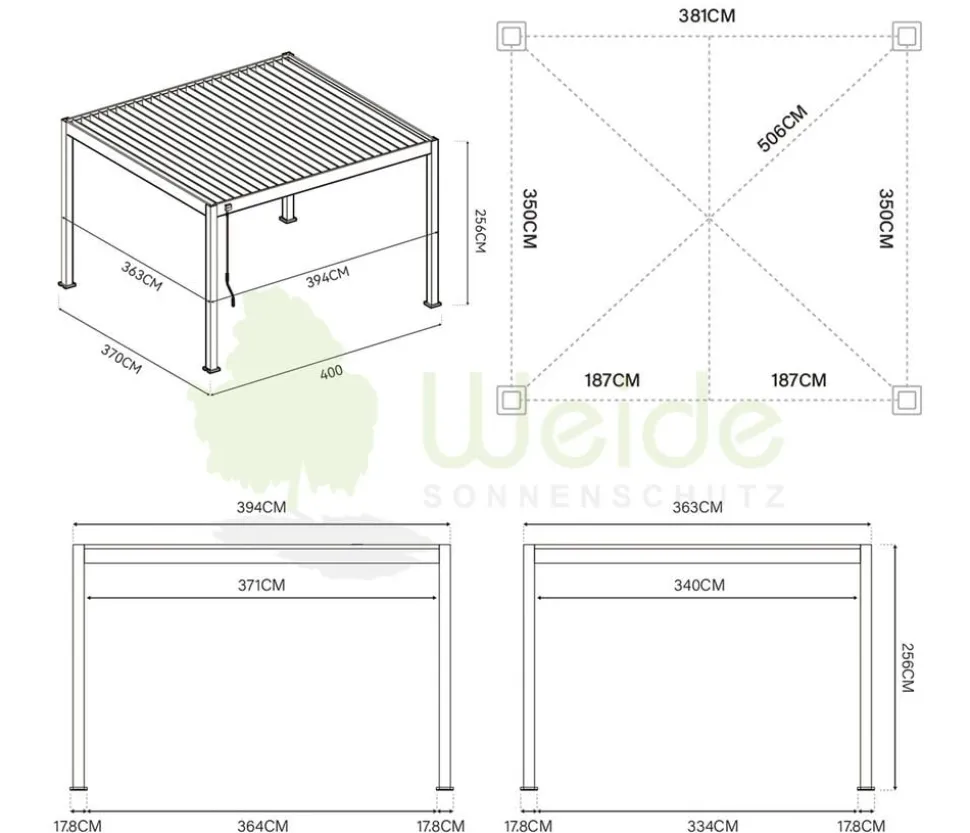 Weide Deluxe Pergola Voll-Alu, ca. B400/H255/T360 cm