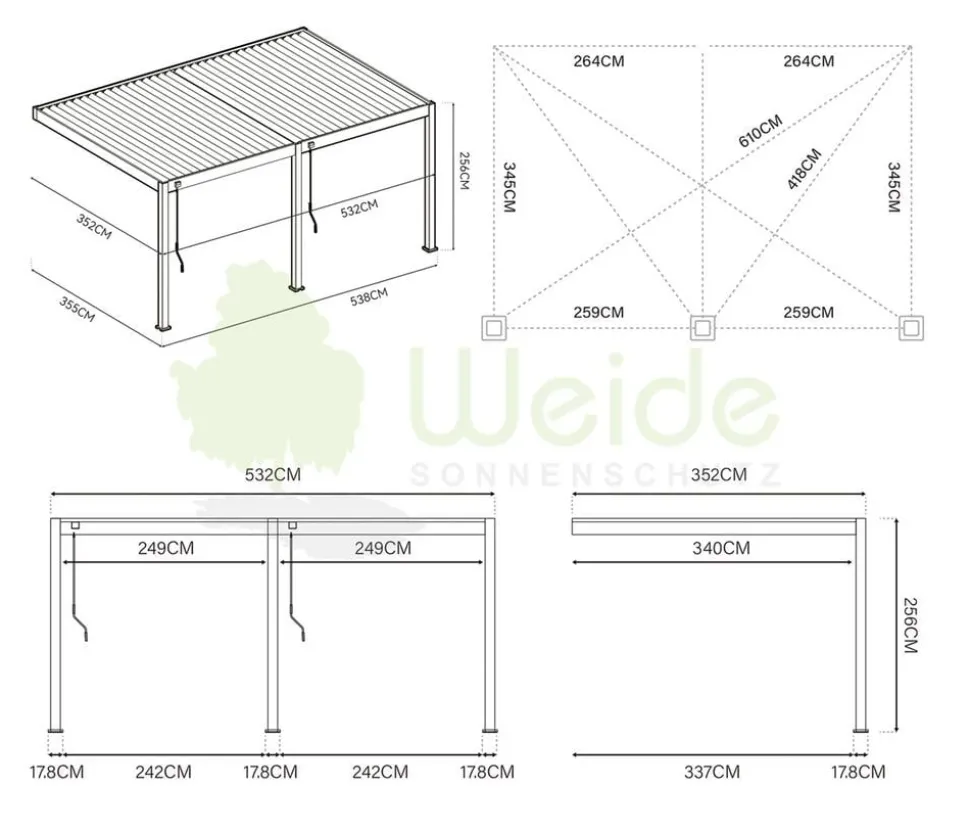 Weide Deluxe Wandpergola Voll-Alu, ca. B530/H255/T360 cm
