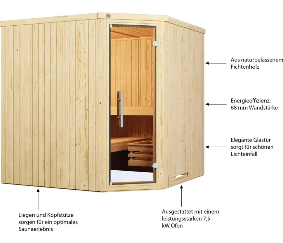 Weka Ecksauna Varberg mit Glastür inkl. Ofen, ca. B194/H199/T194 cm